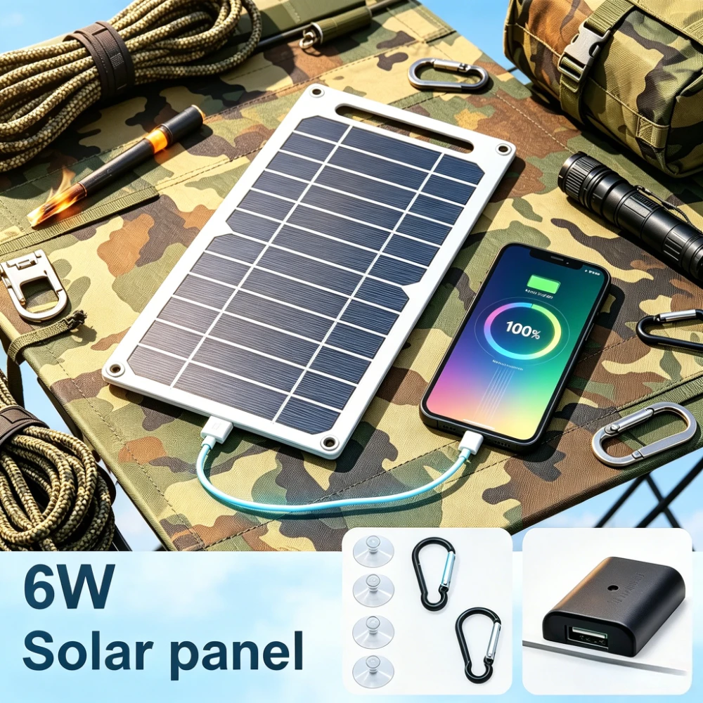 6W 5V Portable USB Solar Panel Charger, Lightweight Solar Power Generator Compatible with Cell Phone Power Bank Tablet