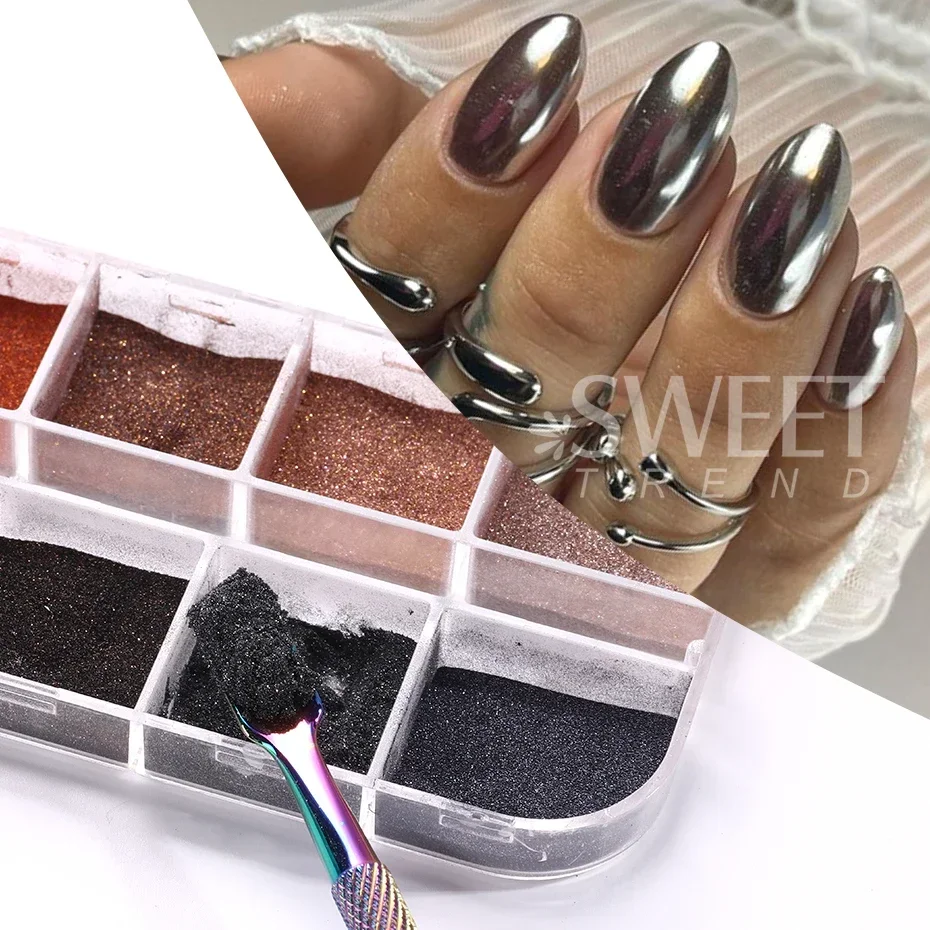 12 rejillas Otoño Invierno Color oscuro brillo de uñas pigmento espejo mágico marrón plata oro frotar polvo Gel polaco polvo decoración de manicura