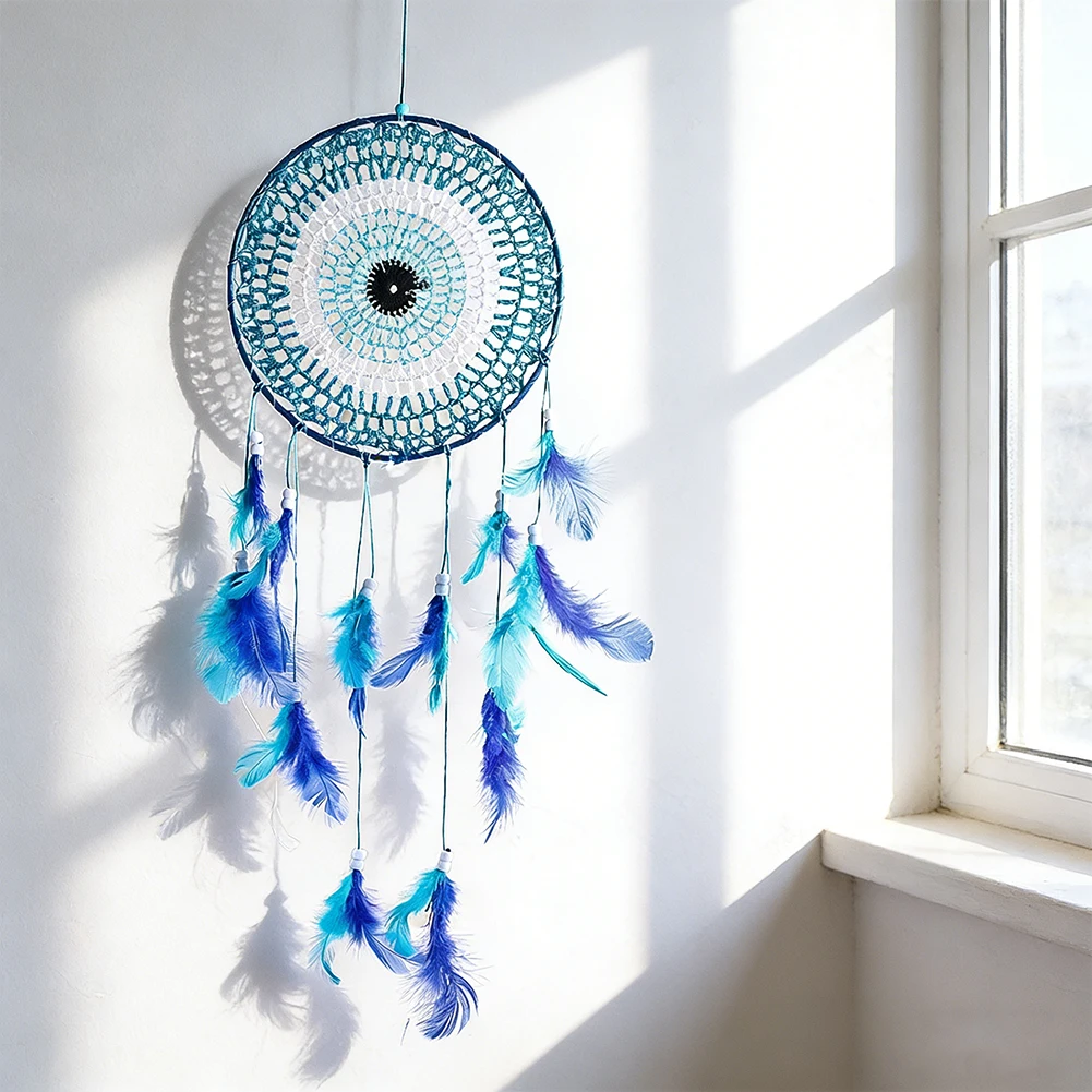 Blue Feather Dream Catcher Mandala Hanging Ornament Boho Wall Decor Window Pendant Handmade Dreamcatcher Home Spiritual Gift