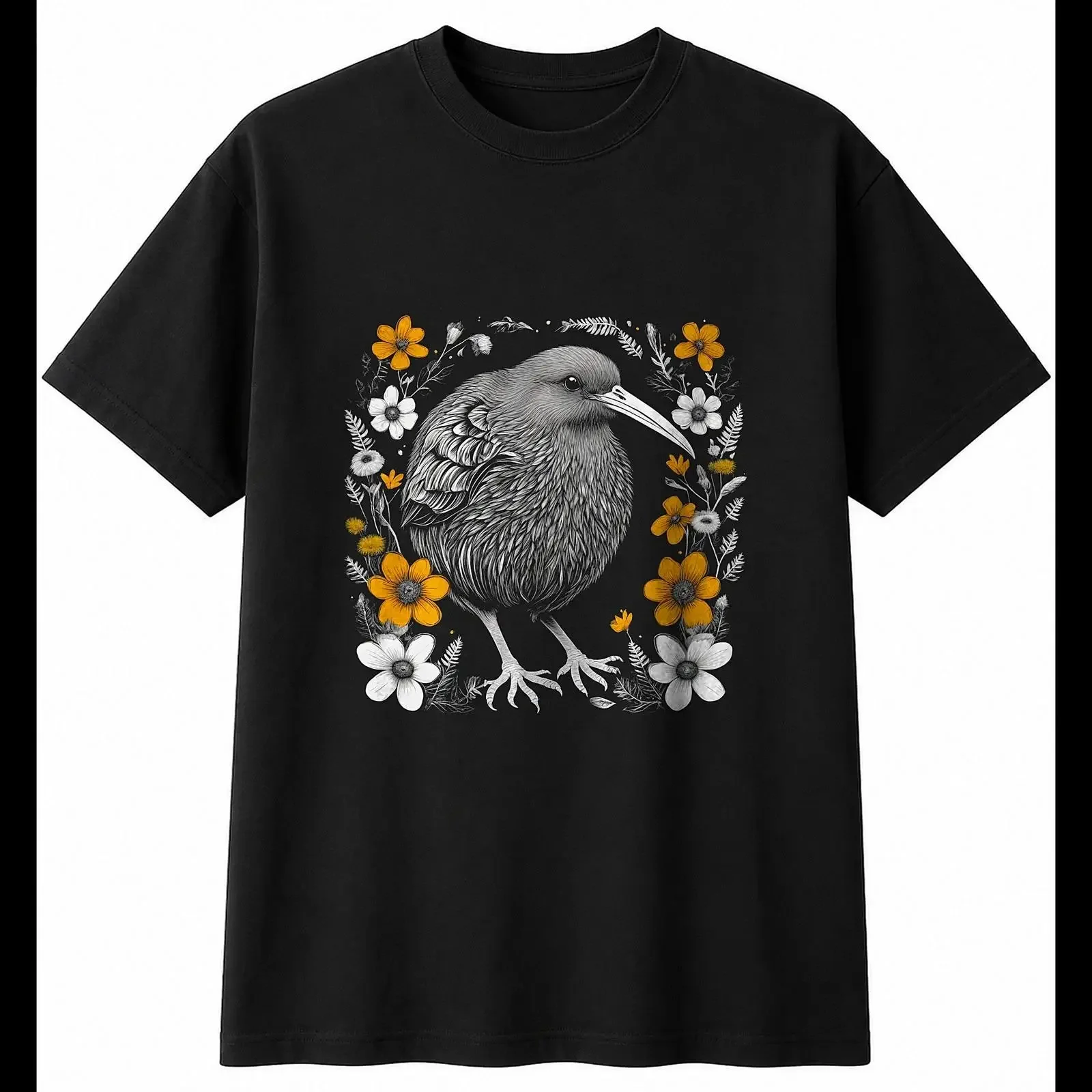 Greyscale Kiwi Bird with Flowers Mens T Shirt Black 100 Cotton Nature vintage Washed homme Breathable Soft Slightly streetwear