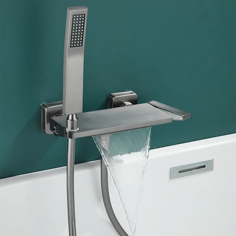 

Gray Bath and Shower Faucet Set Wall Mounted Brass Black Waterfall Bathtub and Mixer White Bathroom Taps