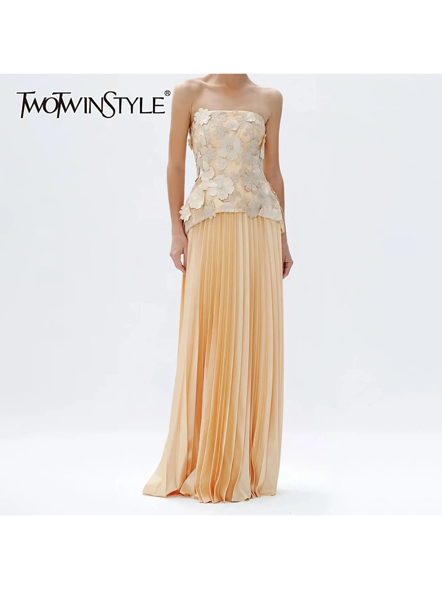 

TWOTWINSTYLE Elegant Two Piece Sets for Women Strapless Sleeveless Spliced Embroidery Vest Patchwork Folds Long Skirt Set Female