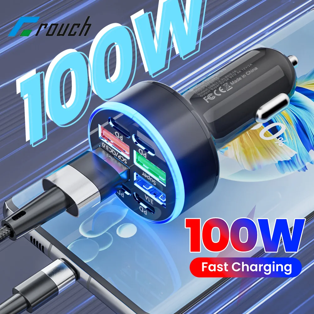 

Multi-port 100W Car Charger QC3.0 Fast Charging USB C Car Lighter Car Phone Charger Adapter for iphone Samsung Huawei Xiaomi