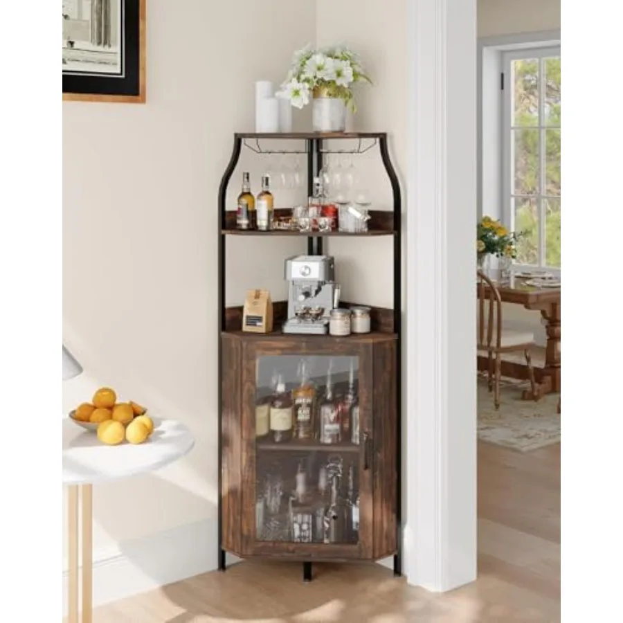 Garvee Corner Bar Cabinet with LED Lights and Outlet, Freestanding Wine Rack with Glass Door, Detachable Wine Holder Included,