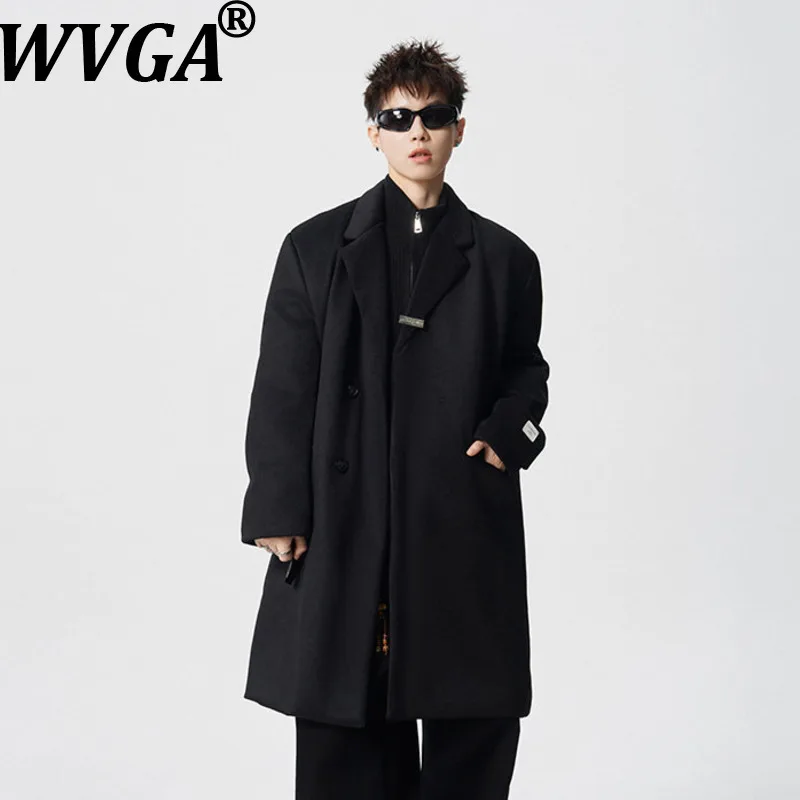 

WVGA Autumn Winter New Man Tide Mid-Length Turn-Down Collar Woolen Coat Niche Chic Casual Darkwear Long Sleeve Jacket Ins W15083