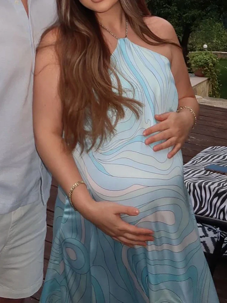 Blue Wave Maternity Photoshoot Dress Halter Neck Beach Pregnancy Outfit Summer Gown Baby Shower Gender Reveal