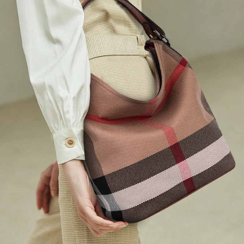 Fashionable Bucket Bag For Women 2024 New Casual leather Bag For Women, Checkered Canvas Bag, Shoulder Bag, Crossbody Bag