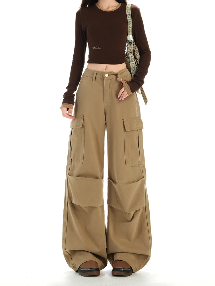 

American Style Military Green Workwear Jeans Women's High Waist Slimming Loose Wide Leg Pants Casual Versatile Autumn Winter ...