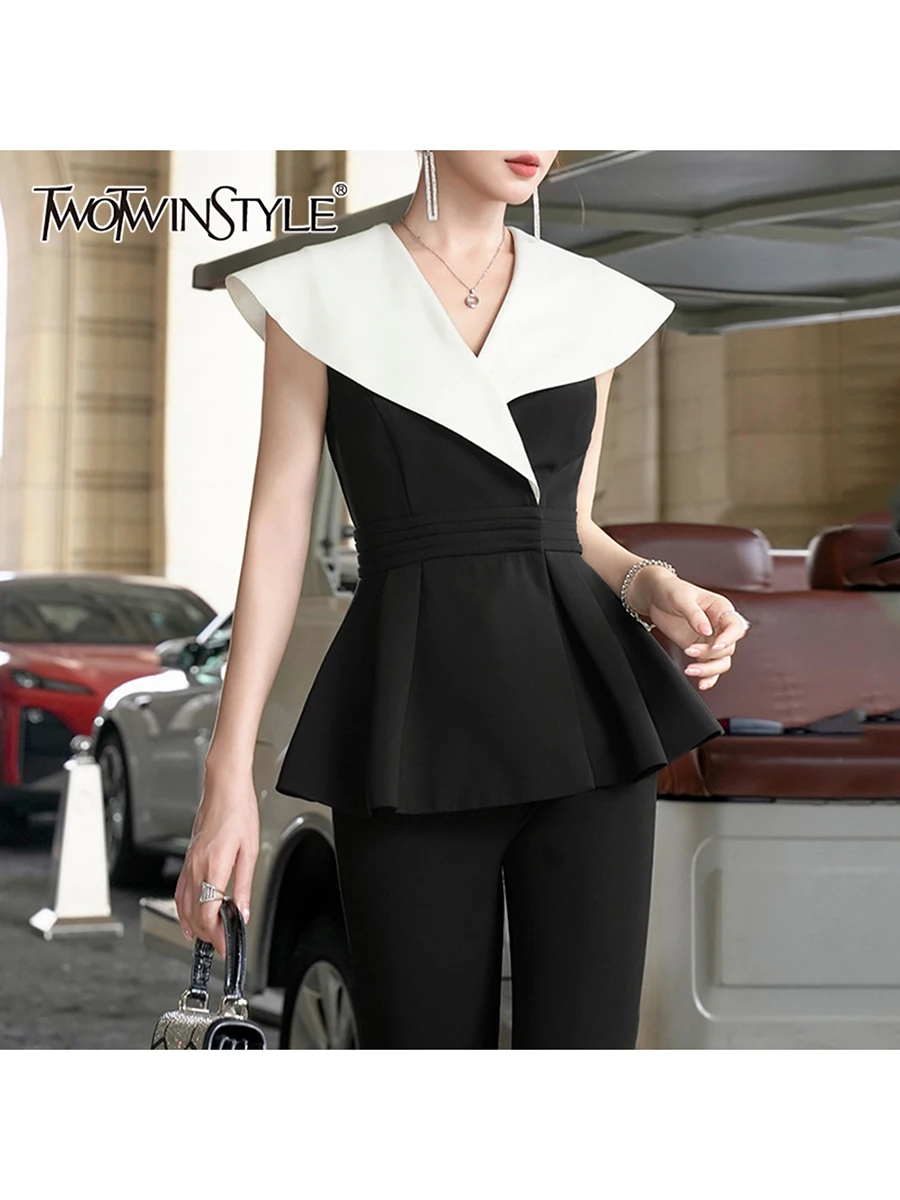 

TWOTWINSTYLE Hit Color Slimming Elegant Jackets for Women V Neck Sleeveless Patchwork Ruffles Minimalist Jacket Female Clothing