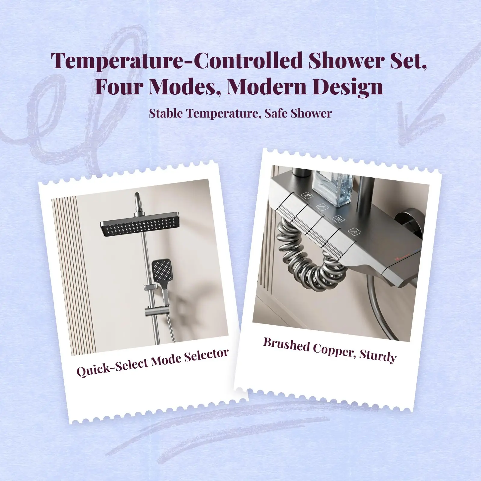 مجموعة دش يتم التحكم فيها بدرجة الحرارة، صنبور دش مطري نحاسي، مجموعة محمولة مضغوطة للحمام