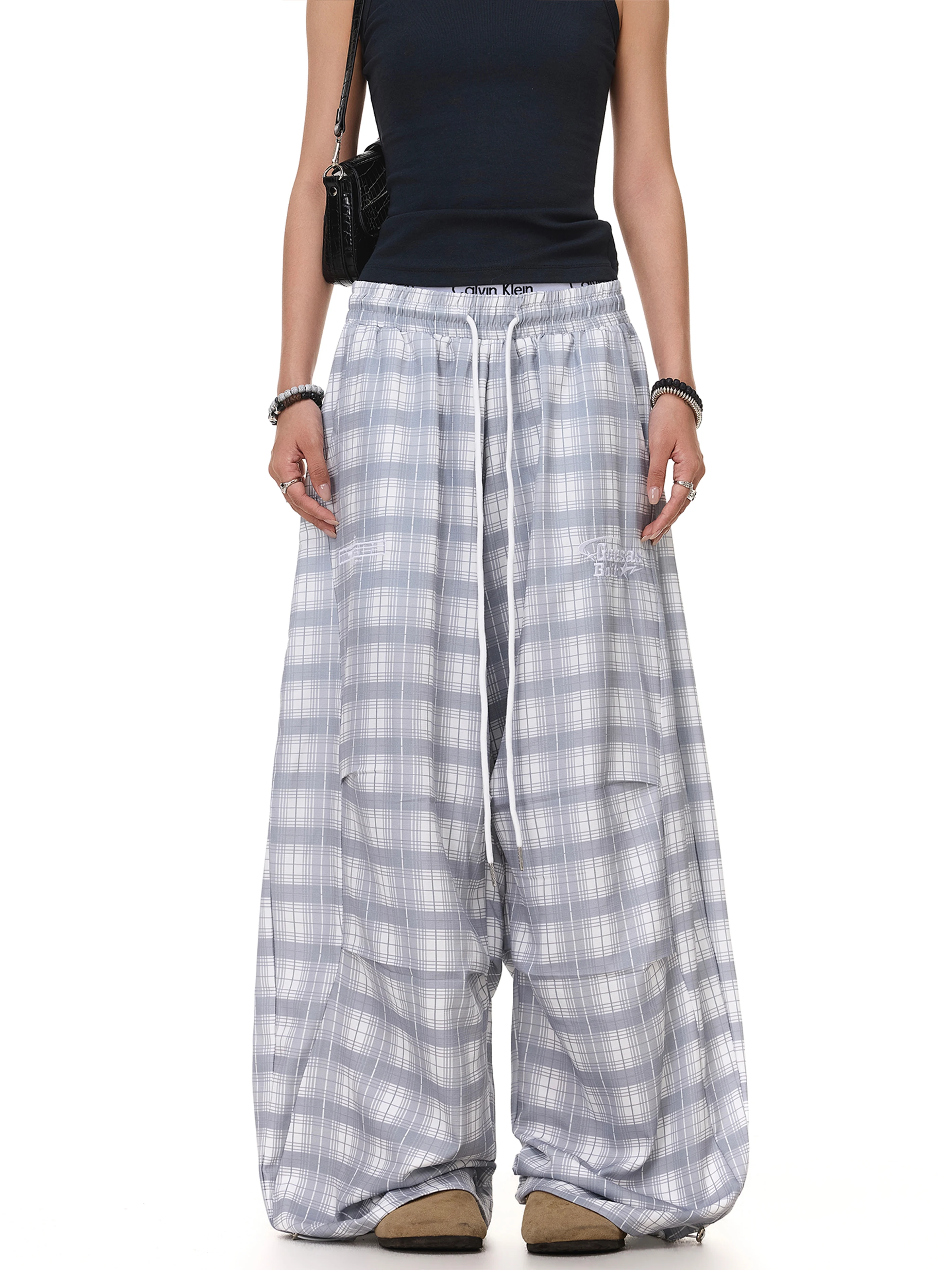 American Retro Contrast Color Check Elastic Waist Loose Summer Thin Wide Leg Casual Pants Versatile Lazy Style Long Trousers