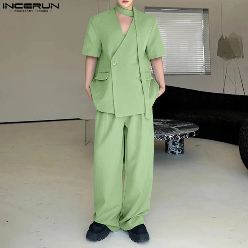 

INCERUN Men Sets Solid Color Short Sleeve V Neck Blazer & Pants Two Pieces Sets Loose Streetwear 2025 Fashion Men Casual Suits