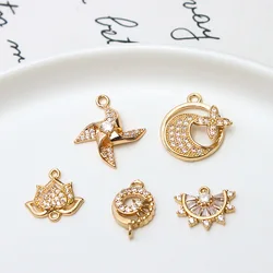 1pcs Diy Jewelry Accessories Copper Zircon Pinwheel Fan-shaped Lotus Flower Double Pendant Earrings Necklace Material Charms