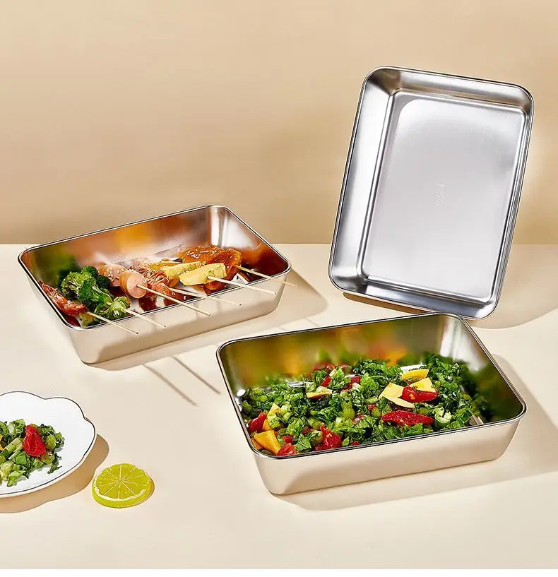 Thickened 304 Stainless Steel Tray, Deep Food Storage Container, Multi-use Plate for BBQ, Steaming, Commercial Kitchen