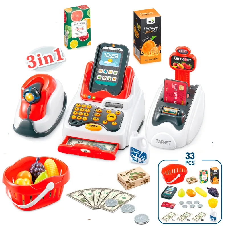 Pretend play Money Calculator Cash Register Cash Register Toy with Scanner Microphone Credit Card Supermarket Shop Gift for Kids