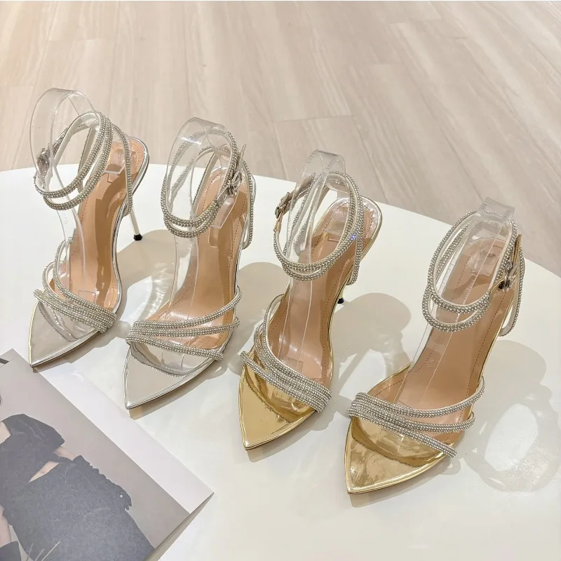 New Women's Fashion Strap Pointed High-heeled Sandals Rhinestone Sexy Stiletto High-heeled Sandals Size 35-41