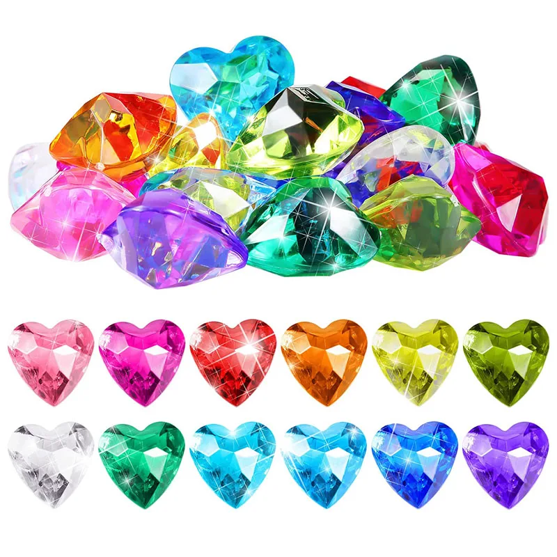 12PCS 40MM Heart Shaped Acrylic Diamond Gems Jewels Pirate Treasure Chest Hunt Party Favors For Kids Halloween Birthday Gifts