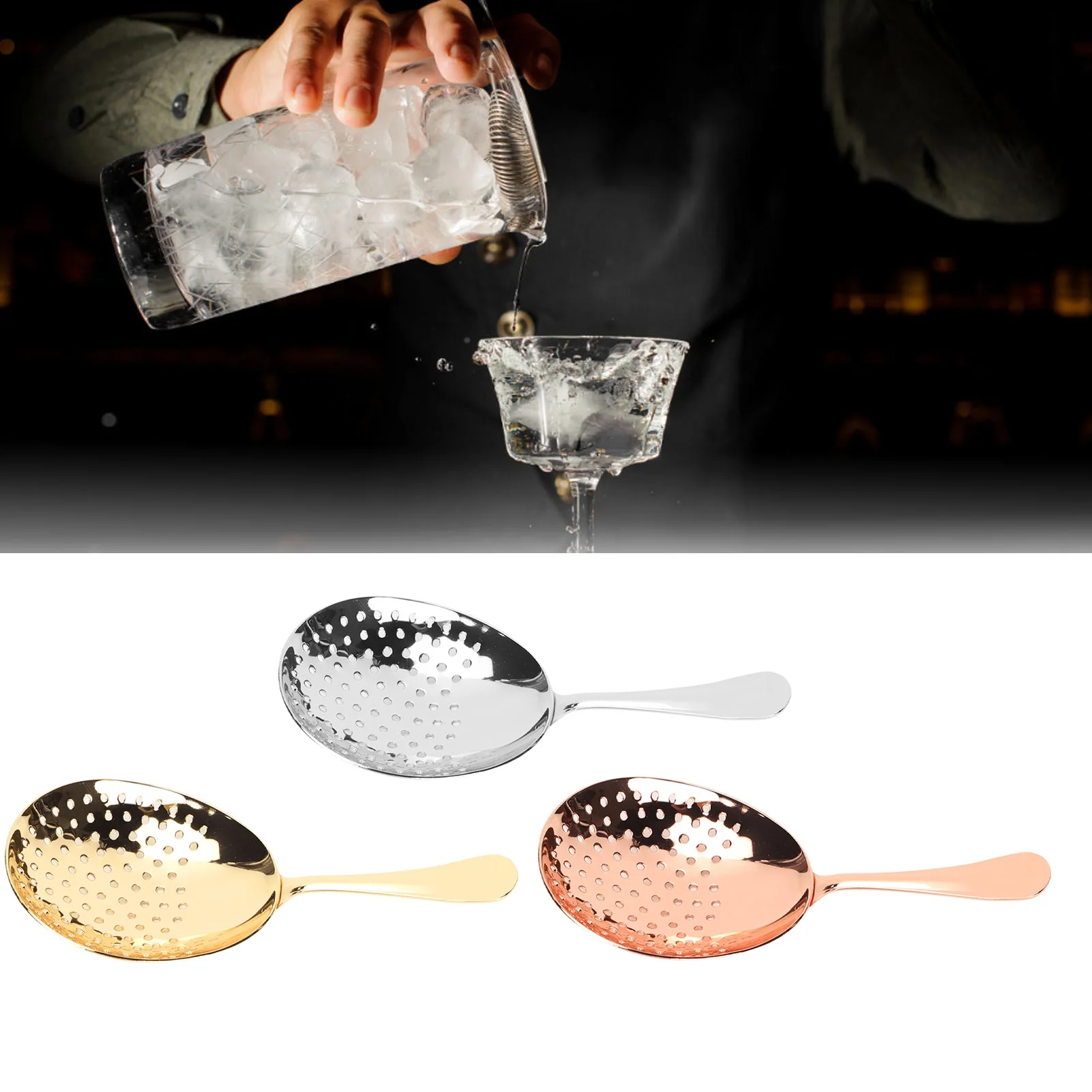 Cocktail Strainer Stainless Steel Julep Strainer Slotted Spoon Multifunction Skimmer Spoon Strainer Spoon for Cocktail