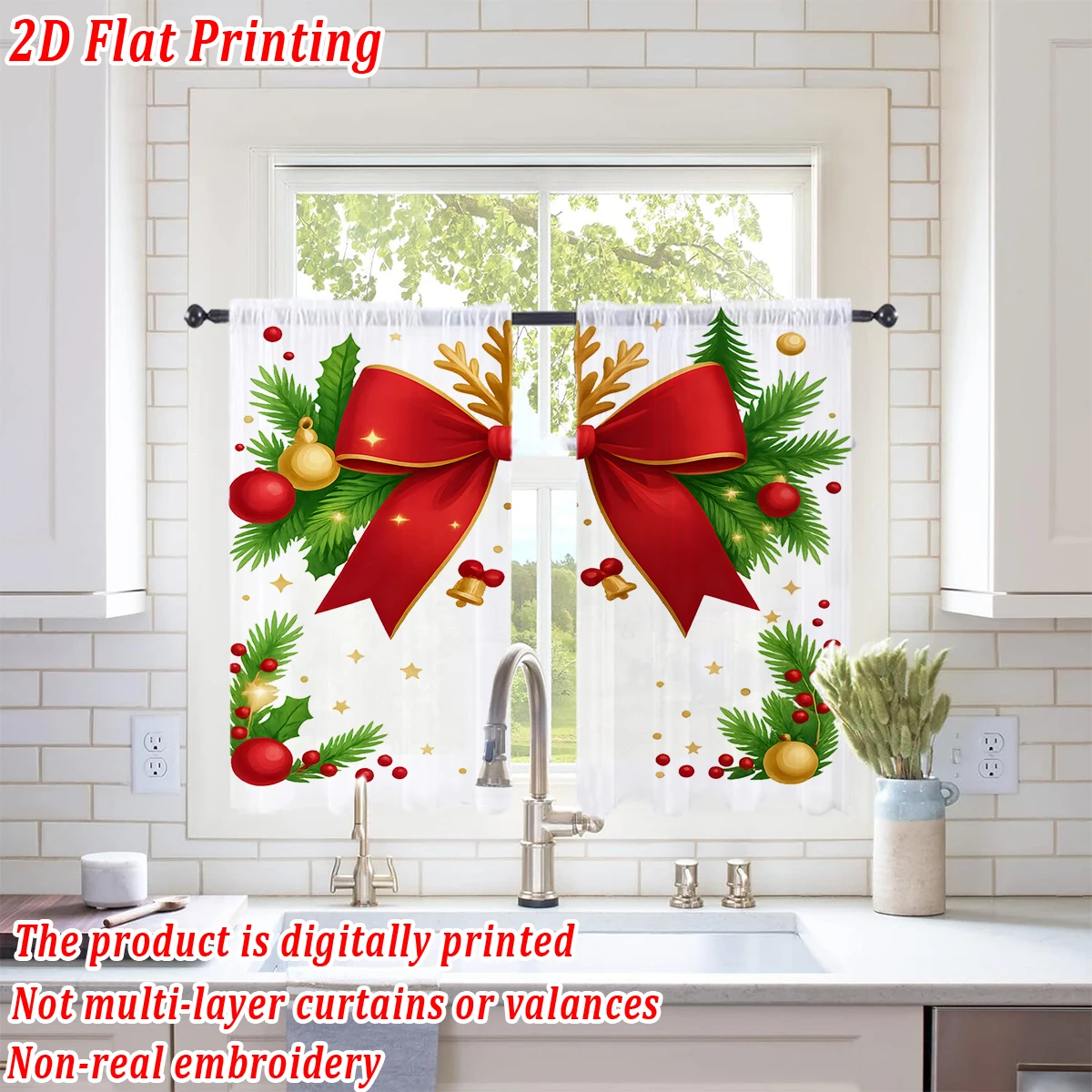 Christmas Flat Printing Kitchen Sheer Curtain with Merry Christmas Bow Pine Branch Ornament For Christmas Home Decor  Party