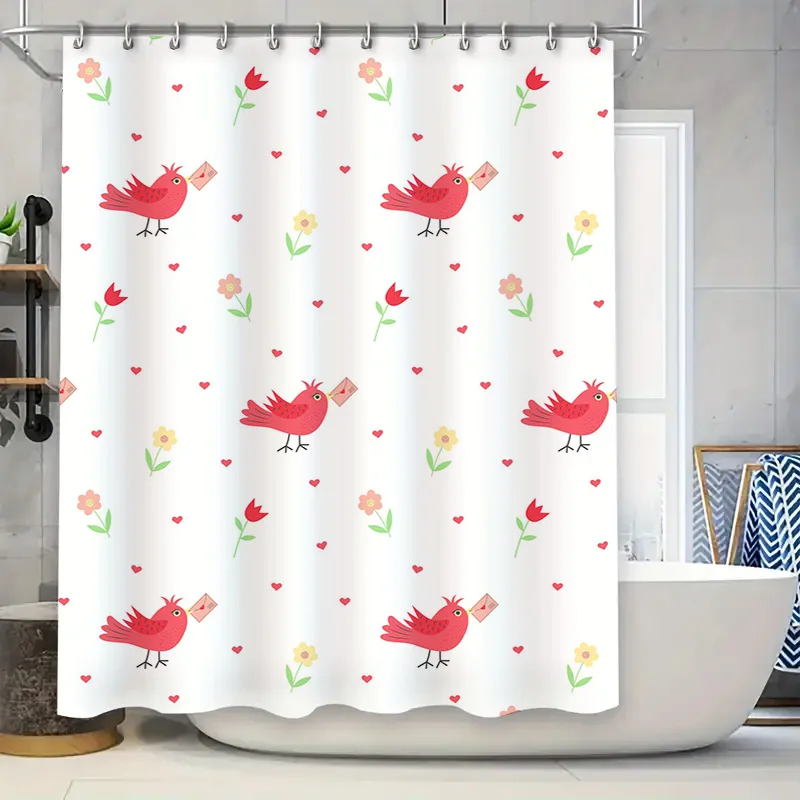 

Романтическая занавеска для душа с красной птицей и цветком, водонепроницаемая тканевая занавеска для ванны с принтом, набор 180x200 см