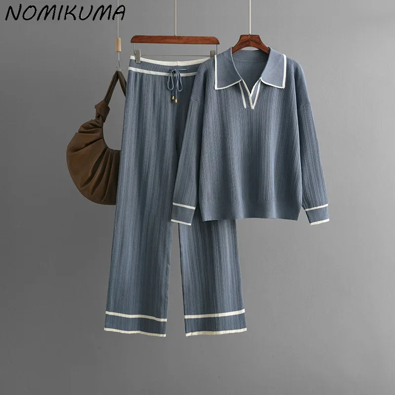 

Nomikuma 2024 осень-зима новый отложной воротник контрастные цвета Модный повседневный костюм с высокой талией Повседневный трикотажный комплект из двух частей