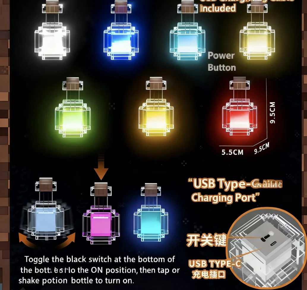 High-quality Pixel-style Potion-bottle Night Light Tap To Cycle 7 Colors Perfect Desk Décor Color Changing