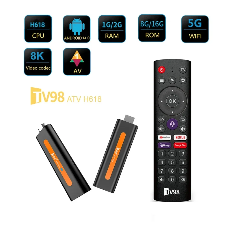 TV98 ATV Mini TV Stick Android 14 H618 Quad Core Cortex A53 Support 8K Video 4K Wifi6 BT5.0 Voice Remote Smart TV Box
