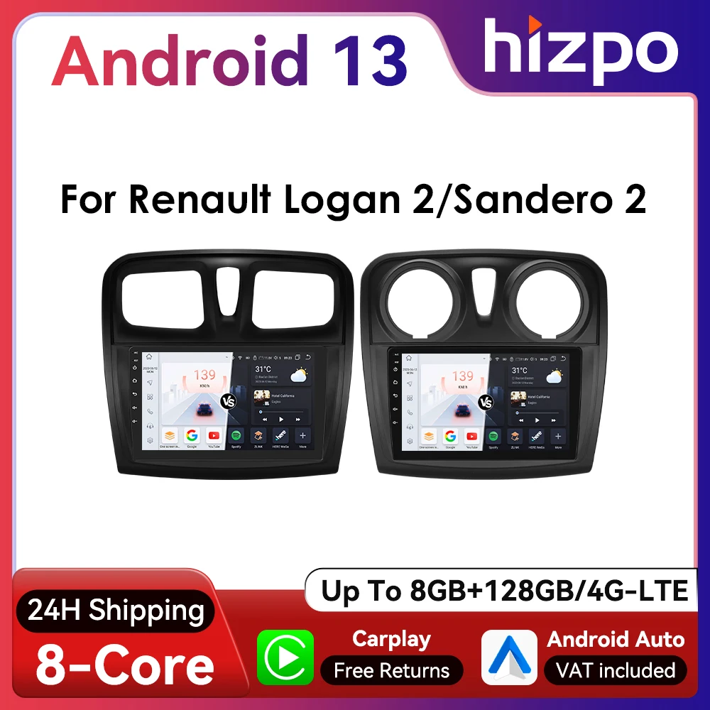 Hizpo 9inch CarPlay Android Auto Radio for Renault Logan 2 2012 - 2019 Sandero UI7862 Multimedia Navigation GPS BT 4G DSP RDS