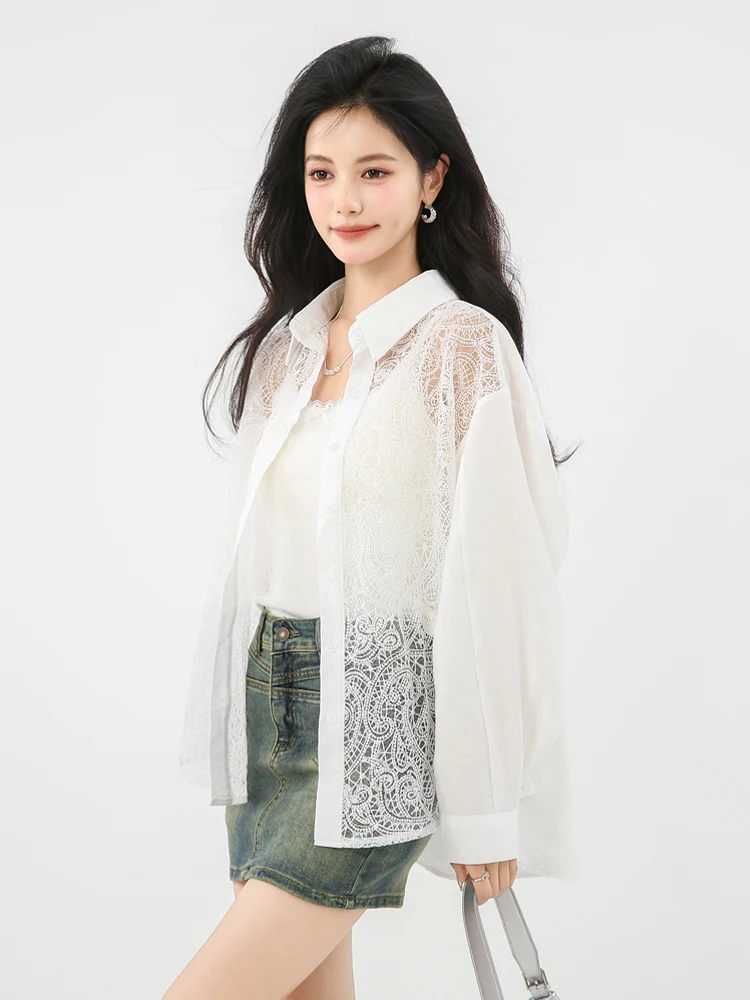 2025 sommer Weiß aushöhlen Spitze hemd Frauen Mode Patchwork langarm bluse Oversize tops Vintage INKEO 5T 077