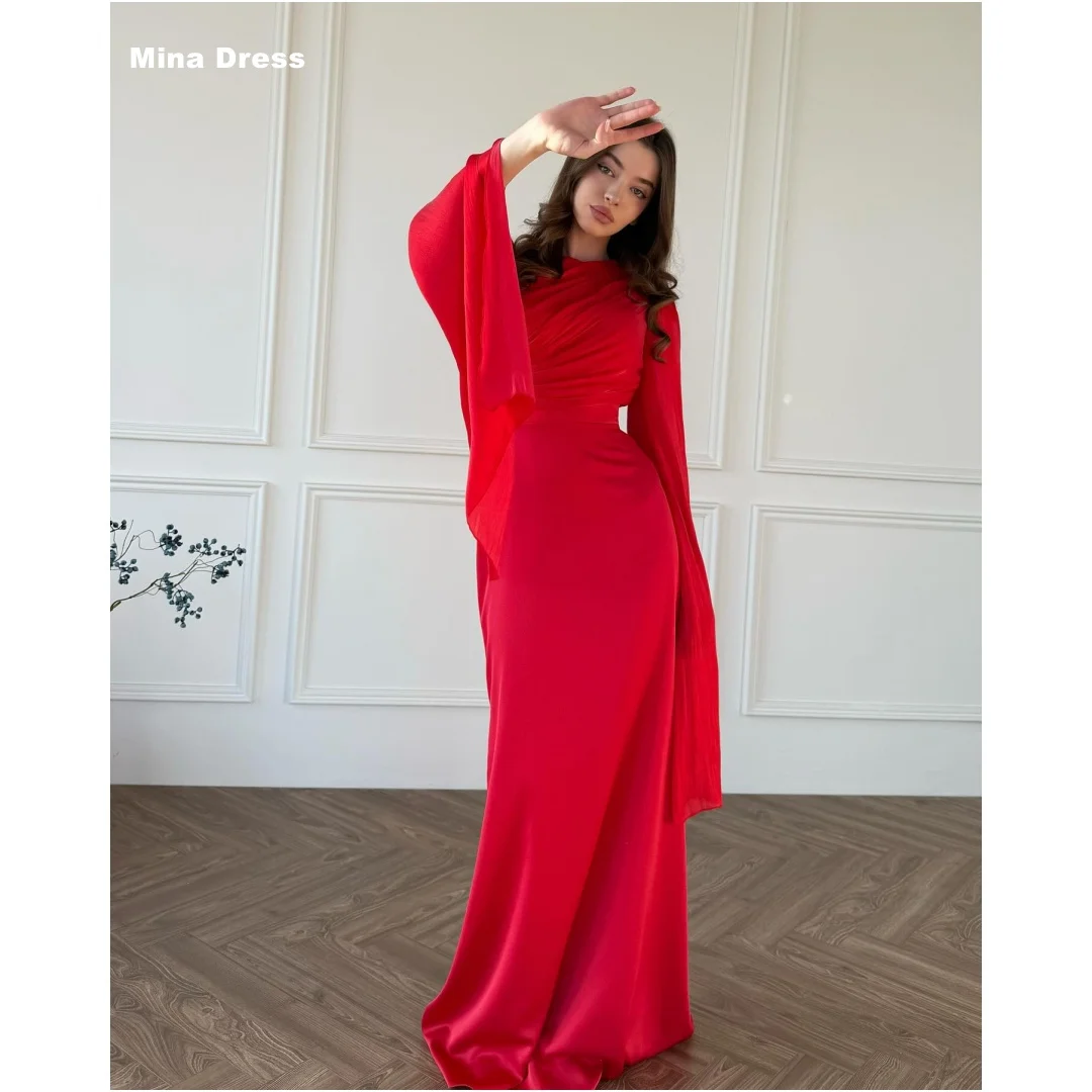 

Mina Customized Red Elegant Chic Woman Evening Dress Lace Up Dresses for Special Occasions Long Sleeves Crew Neck Party Prom