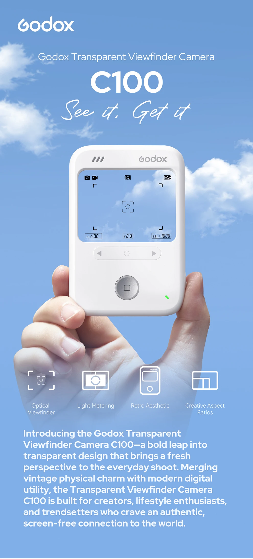 Godox C100 Transparenter Sucher, transparente Smart-Kamera, nahtloses HuD-Display, Vlog, Aufnahmen machen, Geschenke, Spielzeug für Mädchen und Kinder – Detail 1