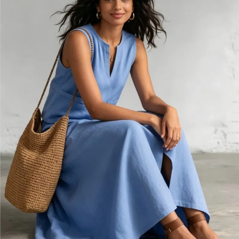 

Women's Elegant Split Loose Long Skirt Suit Summer Sexy V-neck Sleeveless Vest Skirt Set Casual Solid Two Piece Outfits Vestidos