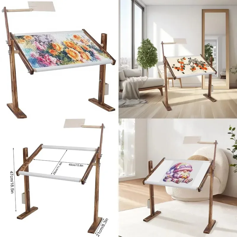 Adjustable Pine Cross Stitch Frame Bracket Scroll Rod Side Bag Rectangular Embroidery Desktop Stand