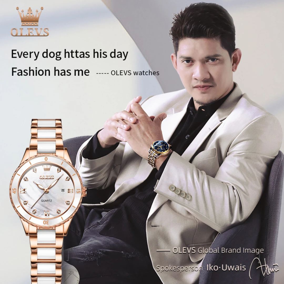 OLEVS 9985 Кварцевые модные часы в подарок с круглым циферблатом, керамический ремешок для часов, наручные часы с календарем