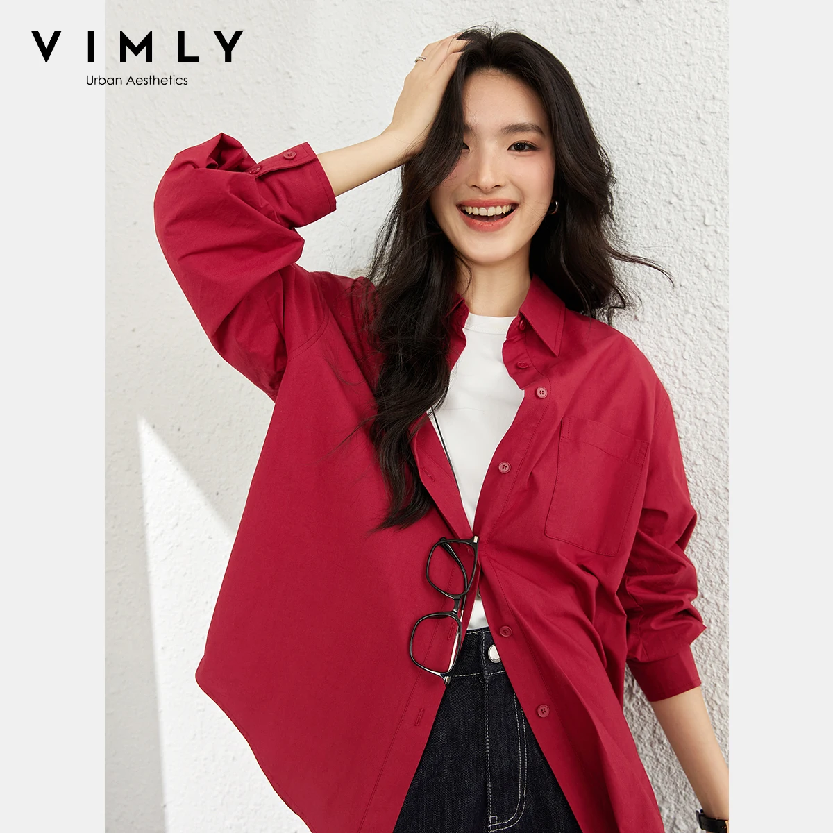 

VIMLY, женские элегантные рубашки из чистого хлопка, осень 2022, новые свободные женские рубашки с длинными рукавами, поло, офисная одежда, женские топы на пуговицах A1172