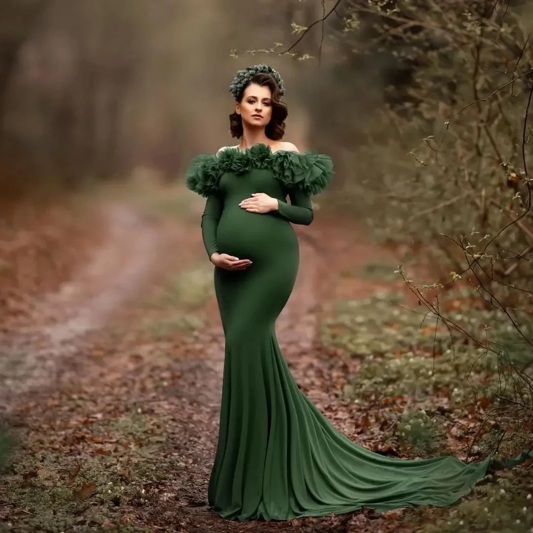 Hunter Green Mermaid Maternity Dresses Ruffle Long Sleeve Maternity Gowns Pregnancy Women Robes for Photoshoot