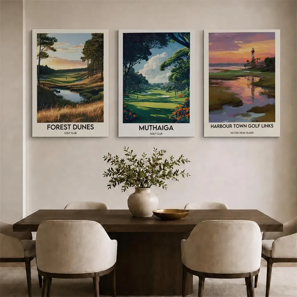 Vintage Golf Course Framed Wall Painting Ready to Hang Canvas Art Poster for Living Room Bedroom Home Decor Decals