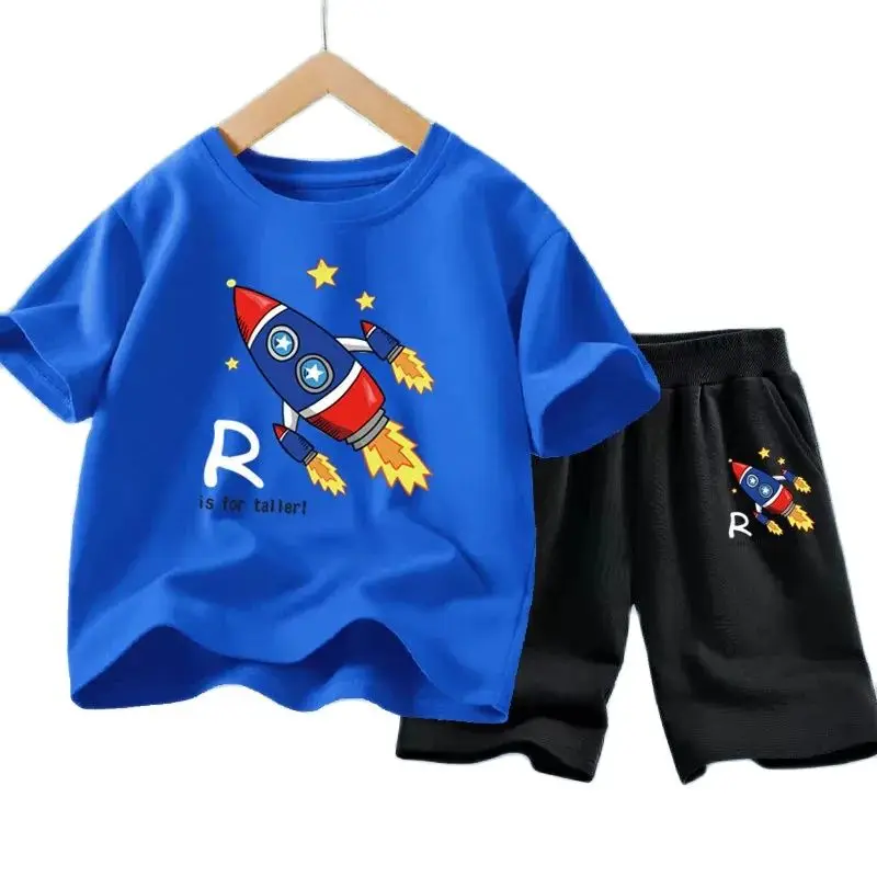 New Summer Baby Girls Clothes Suit Children Boys Fashion Cartoon Rocket T-Shirt Shorts 2Pcs/Sets Casual Costume Kids Tracksuits