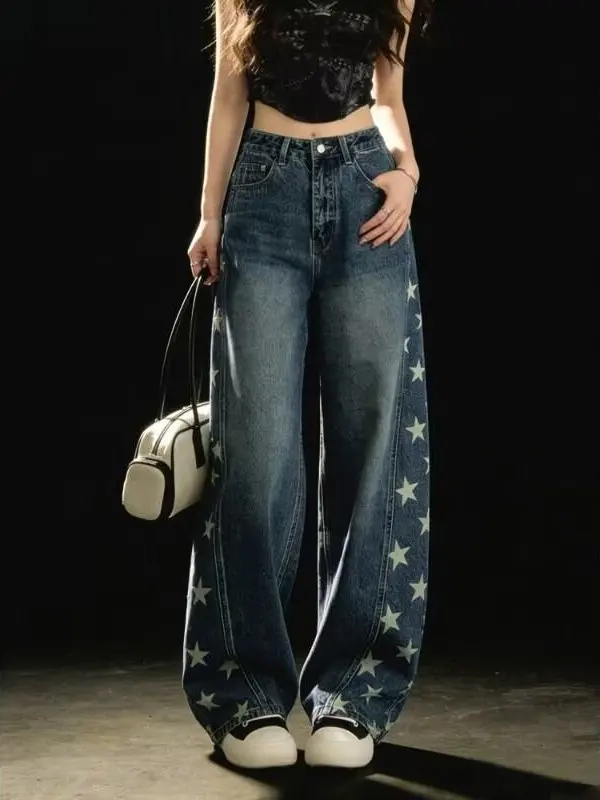 Retro American Large Size Star Print Loose Jeans Men Women Autumn Casual Pants High Waist Denim Fabric Four Seasons Wear
