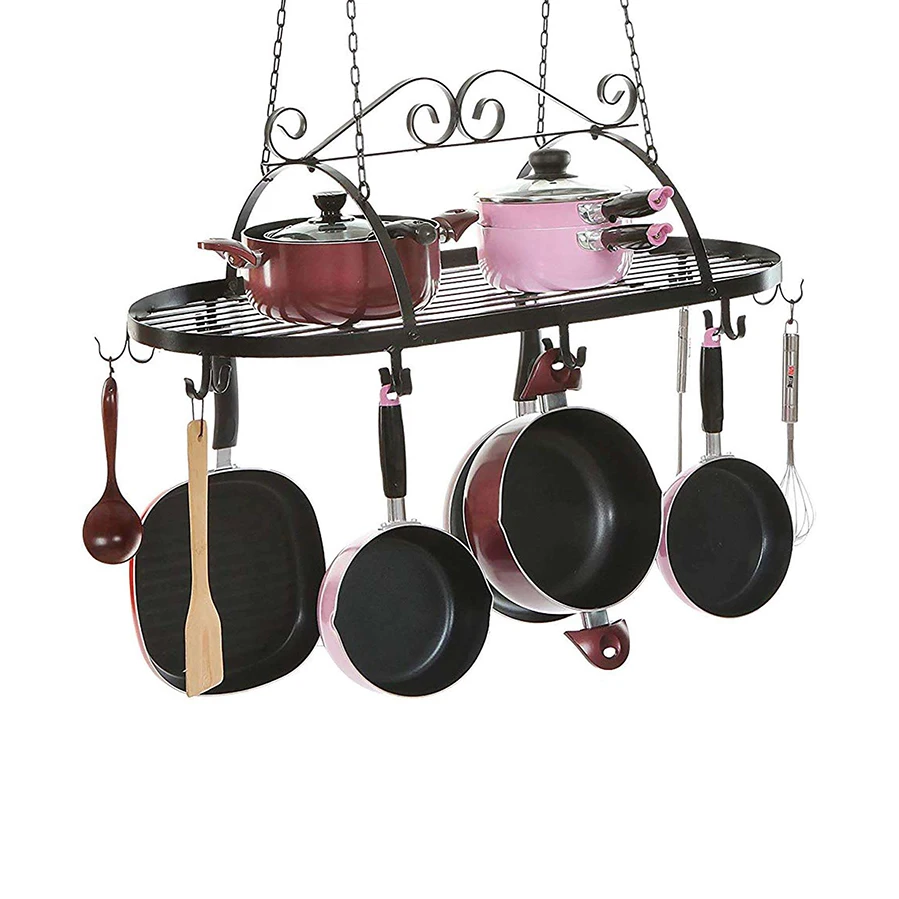 

MyGift Black Scrollwork Metal Ceiling Mounted Kitchen Utensil Pan Holder Hanging Organizer Storage Pot Rack