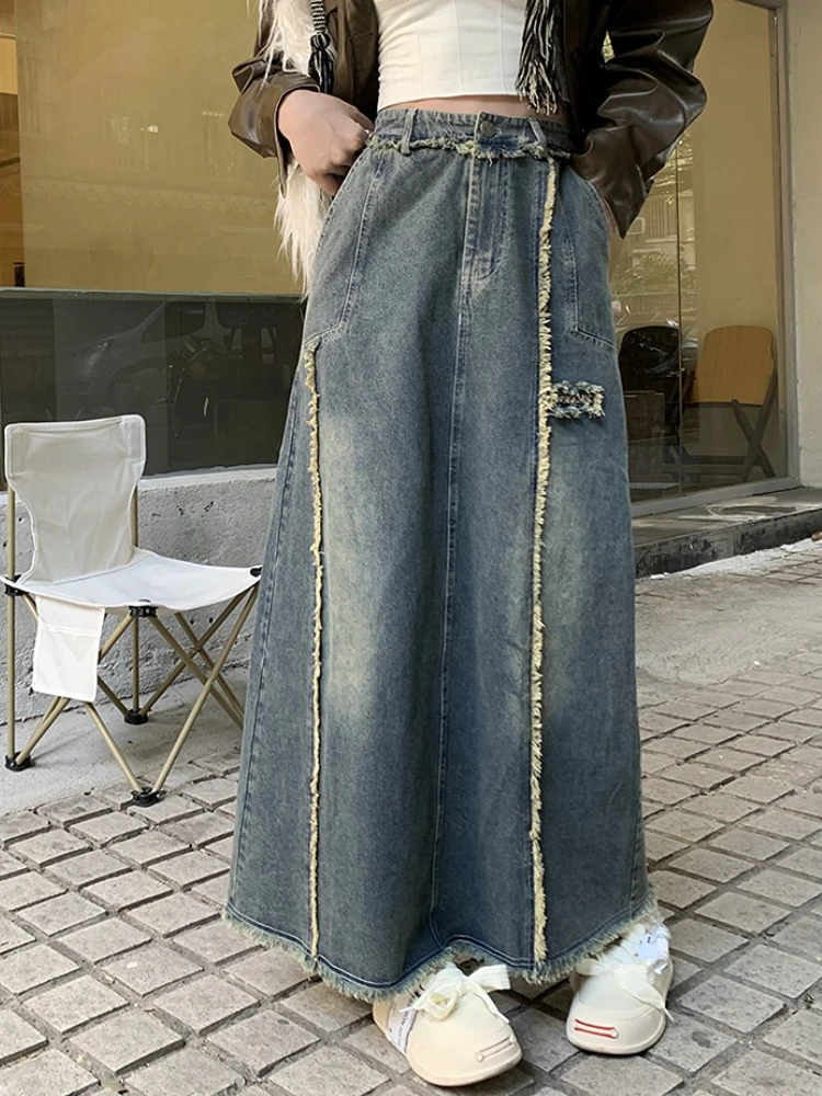 S-4XL Rokken Vrouwen Vrije tijd Enkellange All-Match Denim Eenvoudig Chic Ontworpen Vintage Amerikaanse Stijl Y2k Harajuku A-lijn Faldas