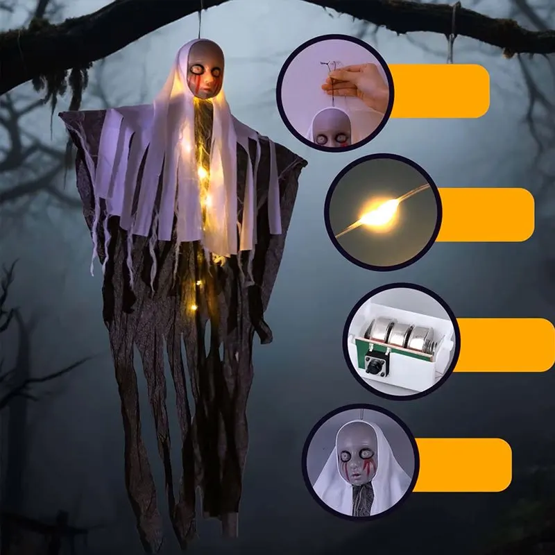 Halloween LED-Hängegeister-Skelett-Dekorationen, leuchtende Sensenmann-Schädel-Ornamente, gruselige fliegende Geisterlichter für Zuhause – Detail 2