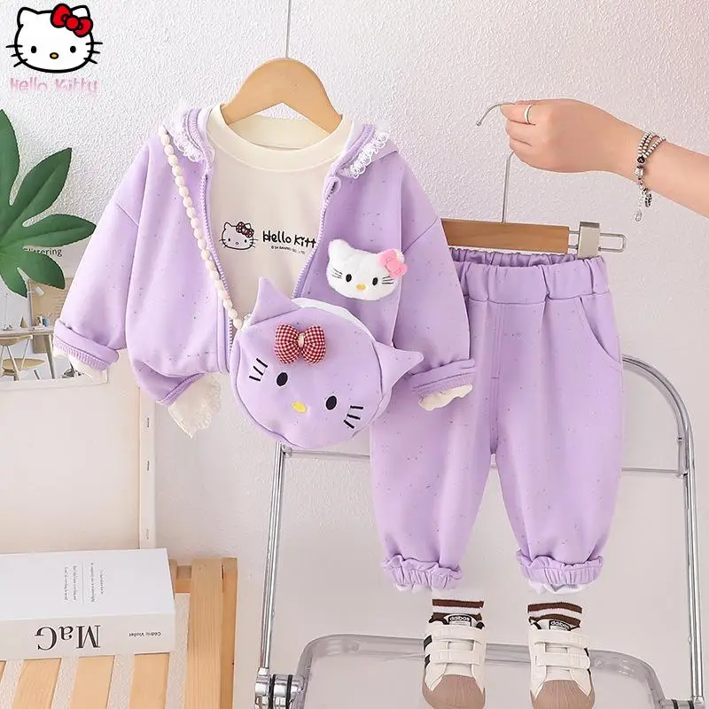 

Hello Kitty Girls Kawaii Long Sleeve Set Anime Spring Autumn New Cartoon T Shirt Jacket Sanrio Trousers Fashion Skin Friendly