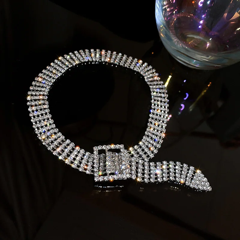 Fashion Full Rhinestone Choker Necklaces for Women Bijoux Shiny Silver Color Button Necklaces Statement Jewelry Party Gift