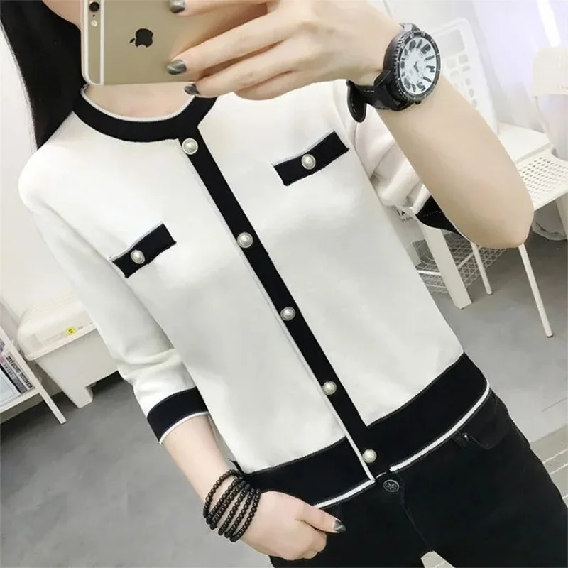 2024 New Sweater Short Knitted Women\'s Loose Thin Pullover Head Ice Silk Bottom Women\'s 3/4 Sleeve Top O-Neck Knit Shirt White