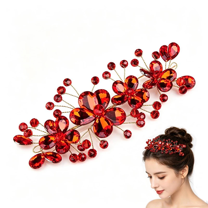 Handmade Flower Headband Red Artificial Crystal Beads Bridal Wedding Hair Accessories For Bride