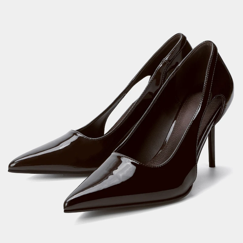 

Luxury Designer Patent Leather Brown High Heels for Ladies Sexy Pointy Toe Side Hollow Women Pumps Comfort Office Formal Shoes
