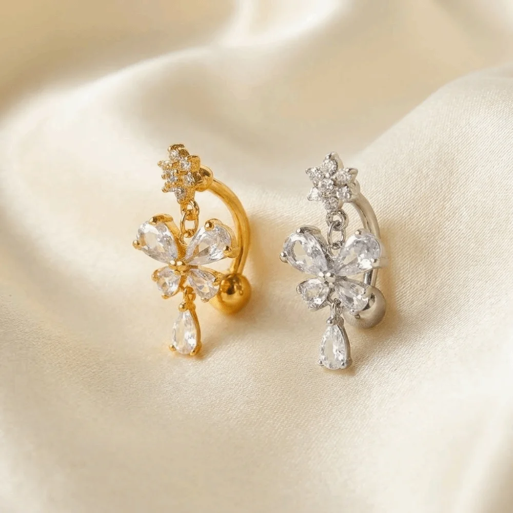 Zircon Bow Belly Button Rings Butterfly Design 316 Stainless Steel Dangle Belly Rings Cute Flower Head Reversed Navel Rings