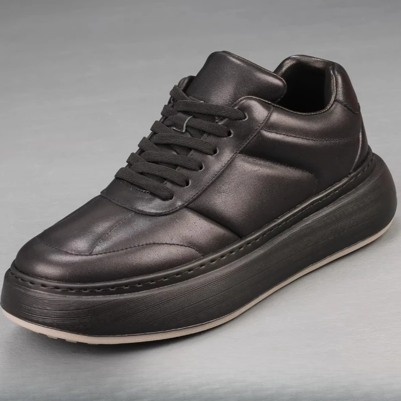 Simple Style Genuine Leather Red Casual Board Shoes for Men's Thick Sole Height Increasing Shoes Lightweight Cowhide Daddy Shoes