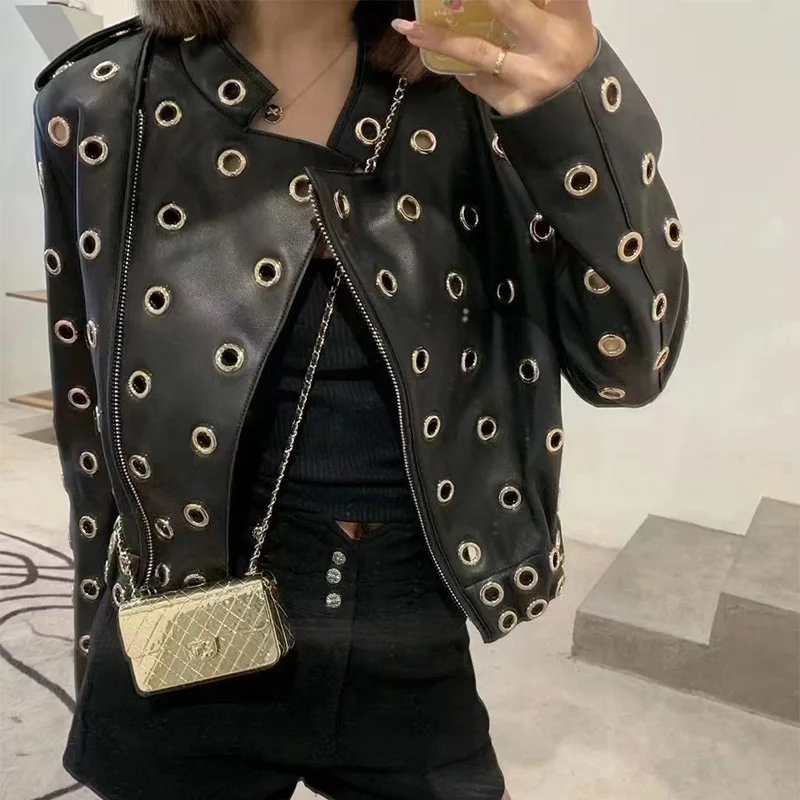 

2023 Lady Real Leather Jacket Fashion Streetwear Sheepskin Coat Spring Autumn Female Clothing TF5514